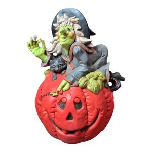 VTG Halloween Witch on Pumpkin Ceramic Figurine Black Cat Hand Painted 14" Decor